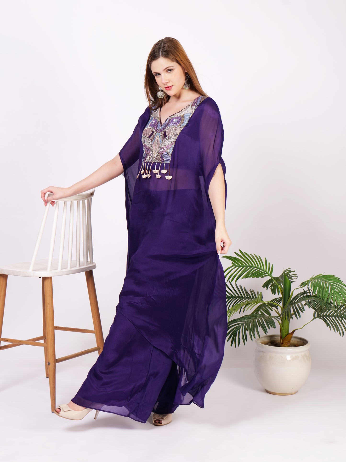 Three Piece Kaftan Dress In Pure Georgette With Handwork