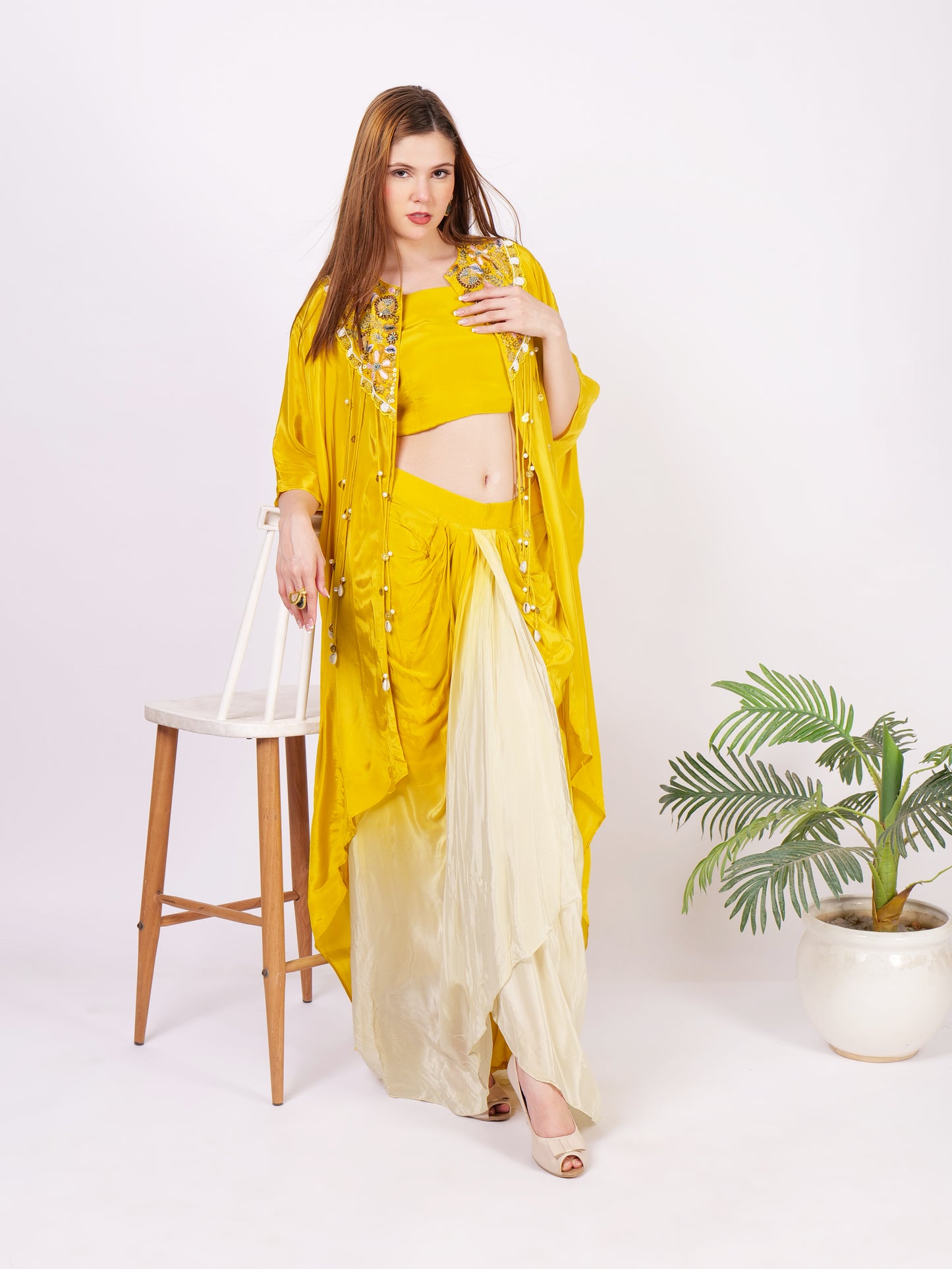 Three Piece Cape Dhoti Outfit In Pure Georgette With Intricate Handwork