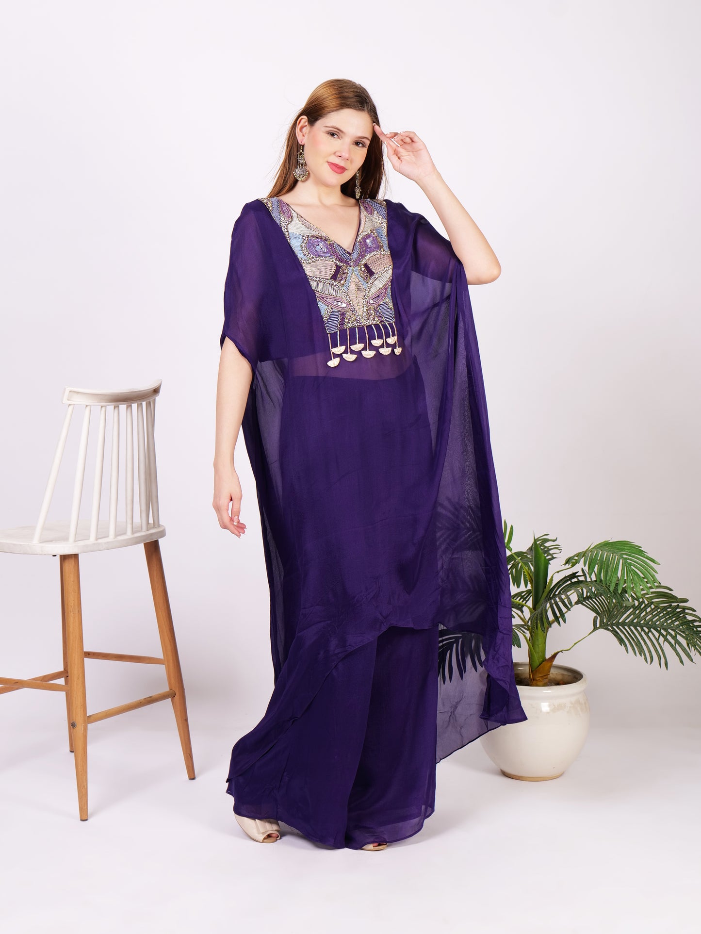 Three Piece Kaftan Dress In Pure Georgette With Handwork
