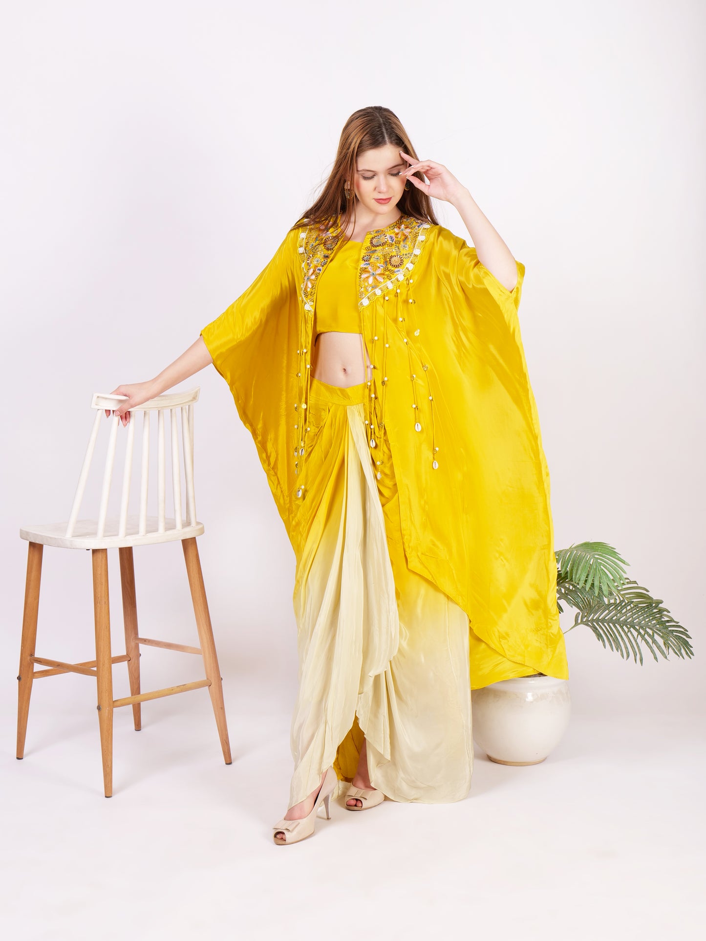 Three Piece Cape Dhoti Outfit In Pure Georgette With Intricate Handwork