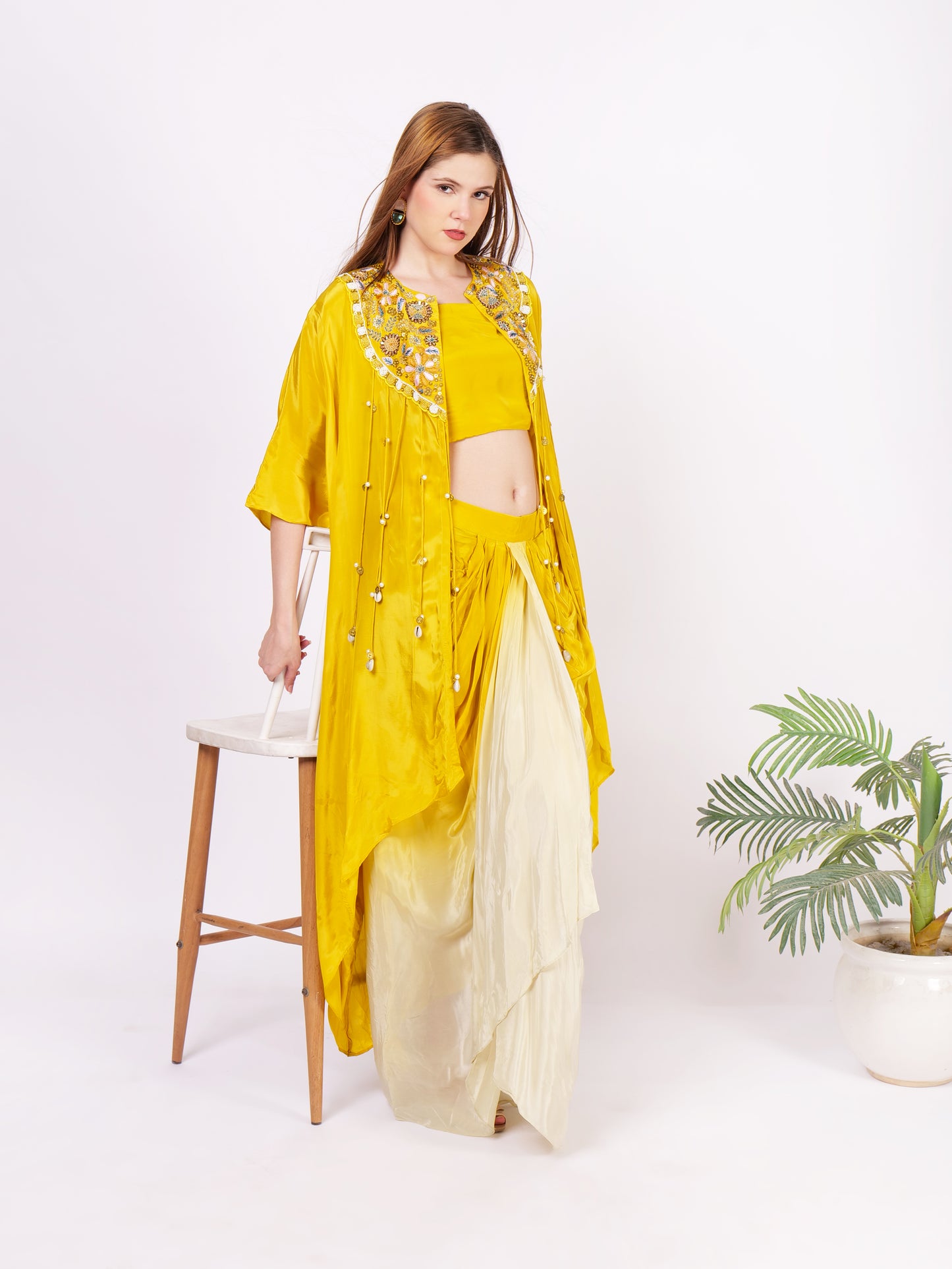 Three Piece Cape Dhoti Outfit In Pure Georgette With Intricate Handwork