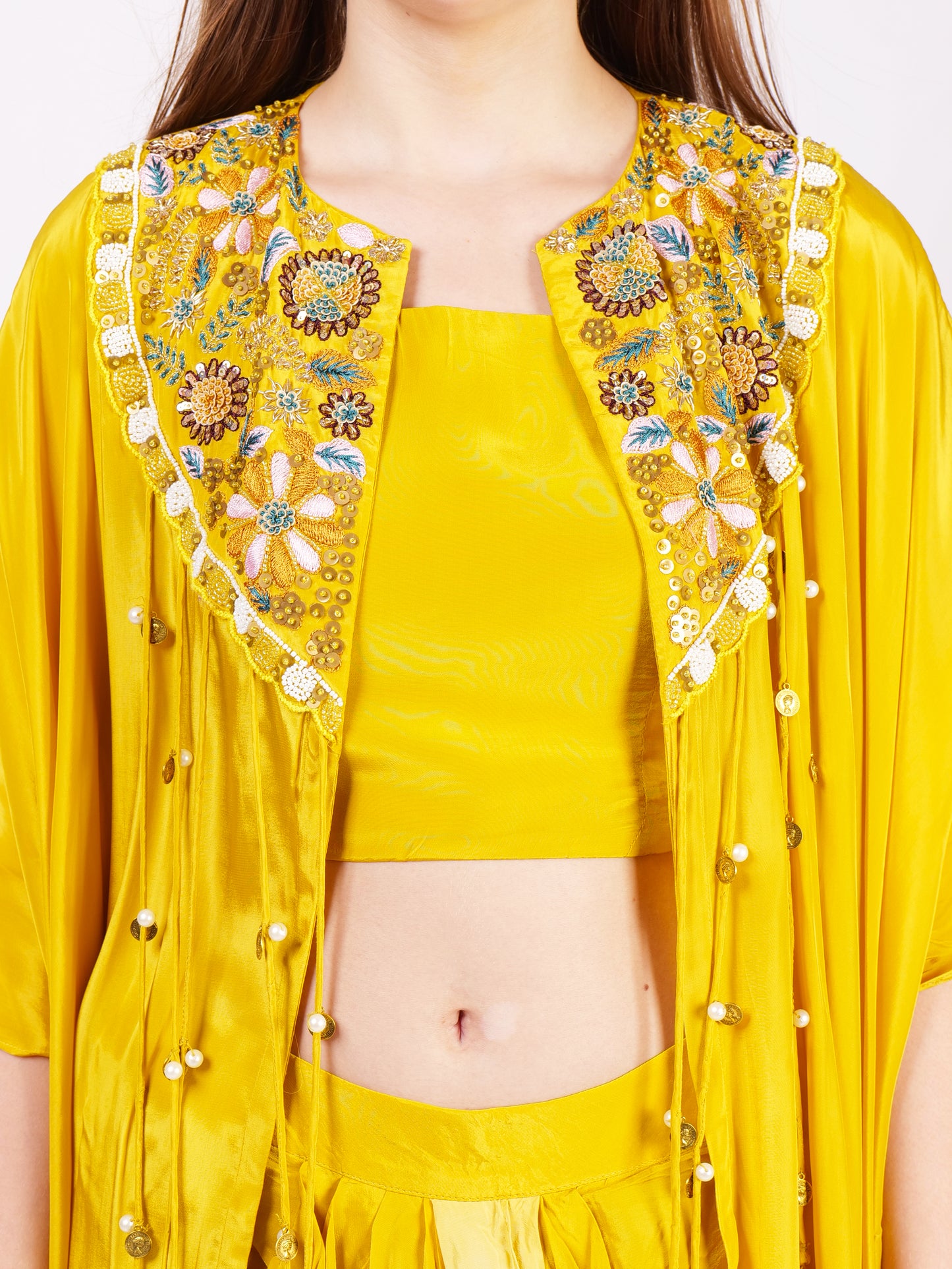 Three Piece Cape Dhoti Outfit In Pure Georgette With Intricate Handwork