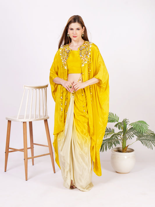 Three Piece Cape Dhoti Outfit In Pure Georgette With Intricate Handwork