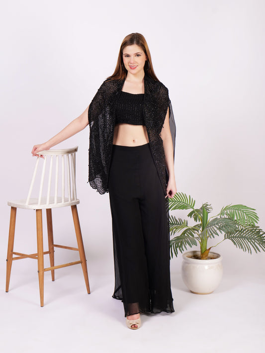 Three Piece Outfit In Pure Georgette With Cape And Handwork
