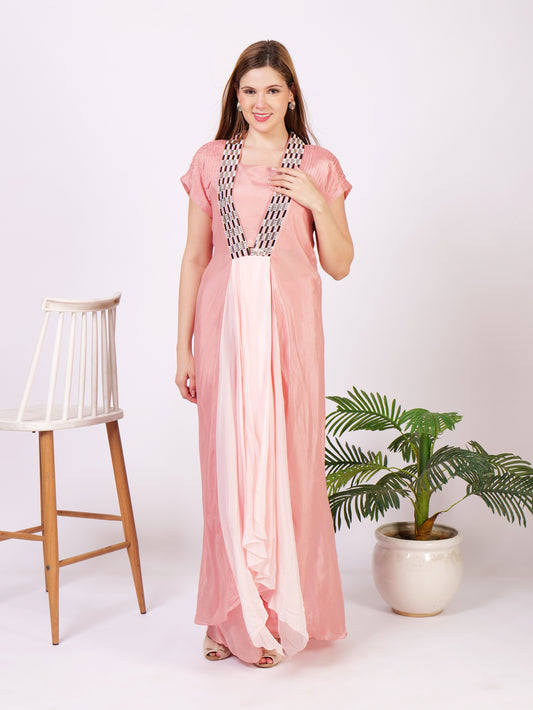 Three Piece Outfit With Bustier Palazzo Pants And Cape Dress In Pure Georgette