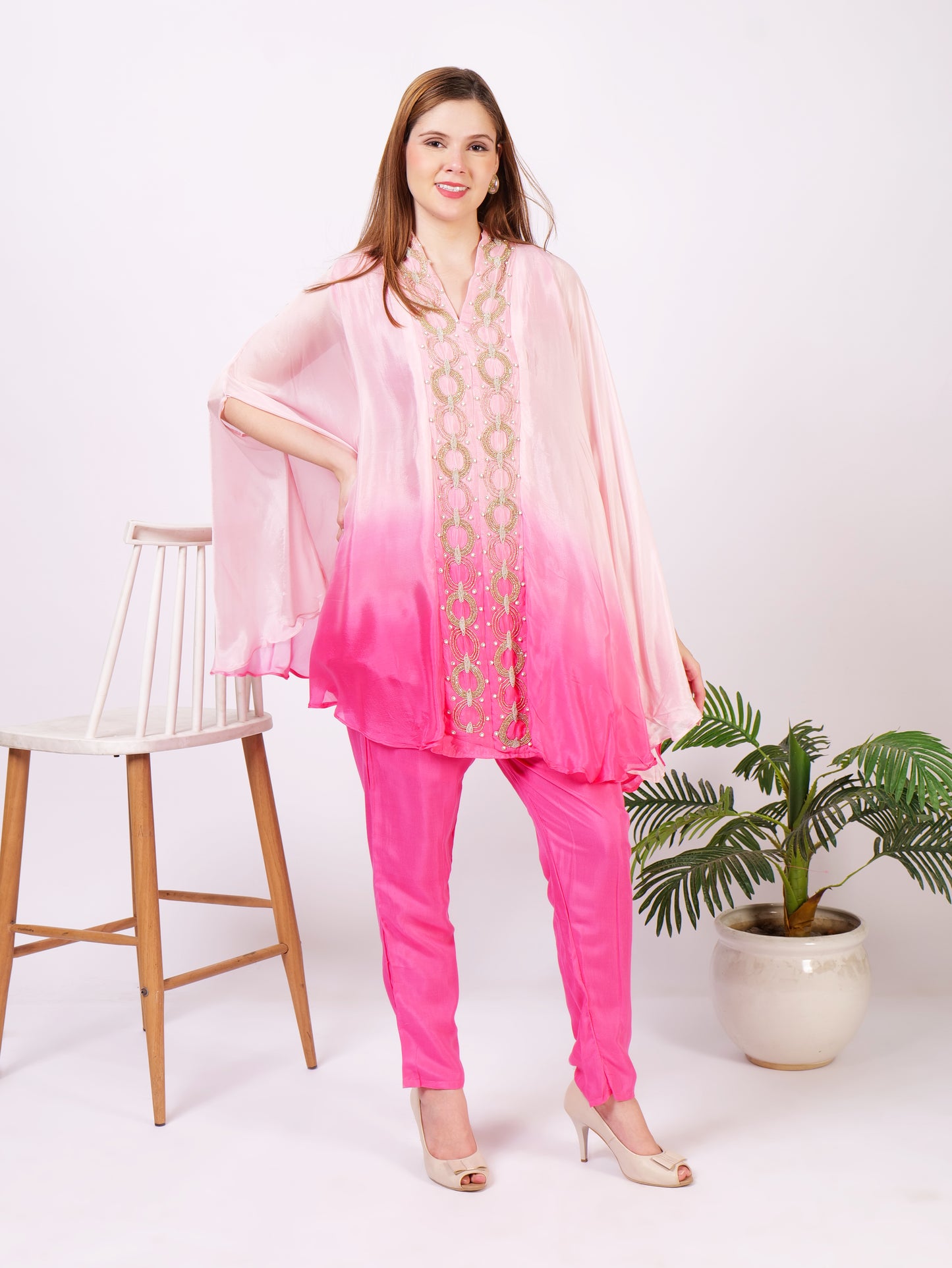 Indowestern Cape Dress In Pure Georgette With Handwork