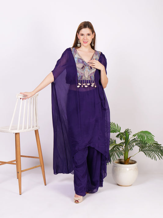 Three Piece Kaftan Dress In Pure Georgette With Handwork