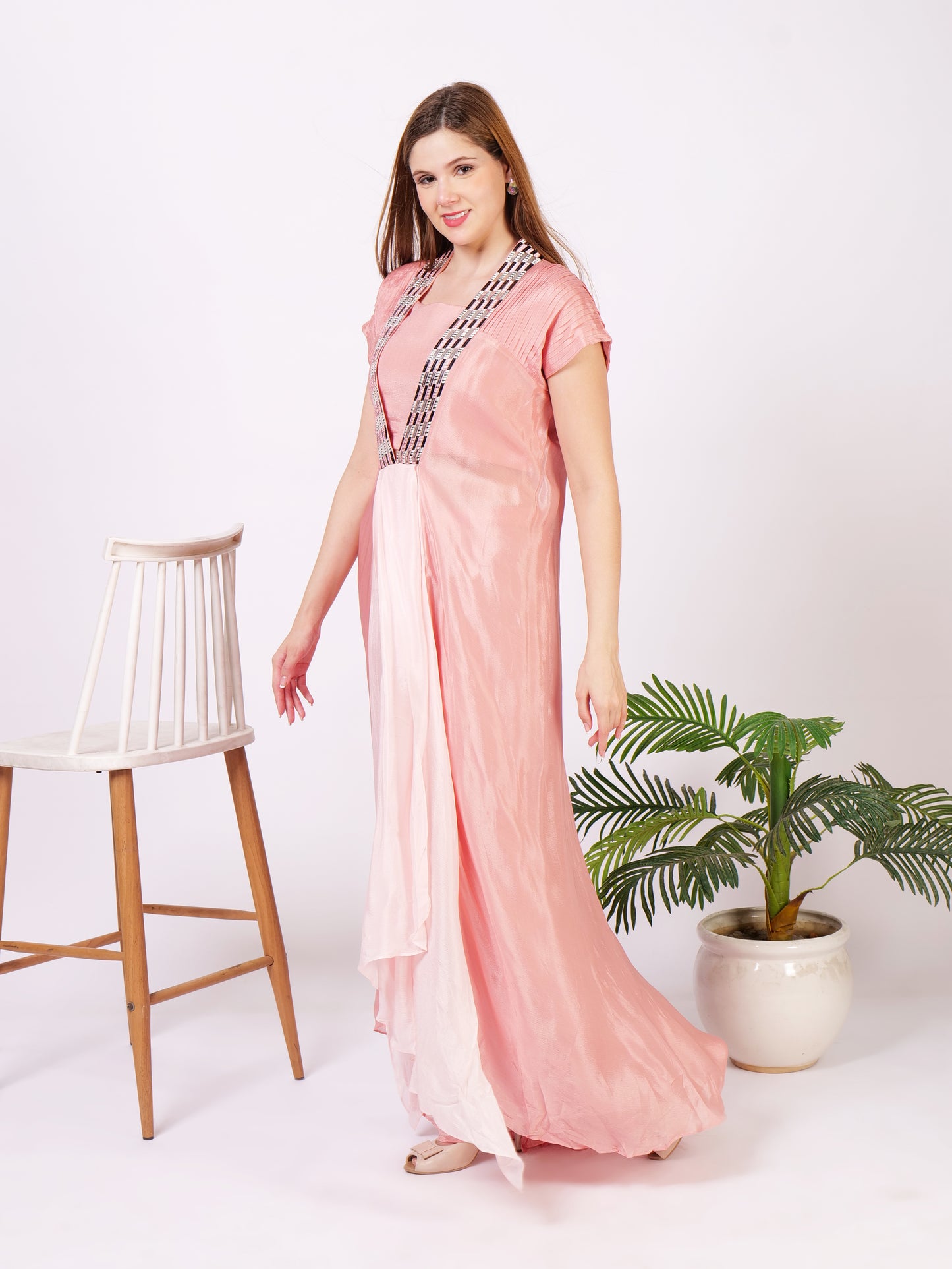 Three Piece Outfit With Bustier Palazzo Pants And Cape Dress In Pure Georgette