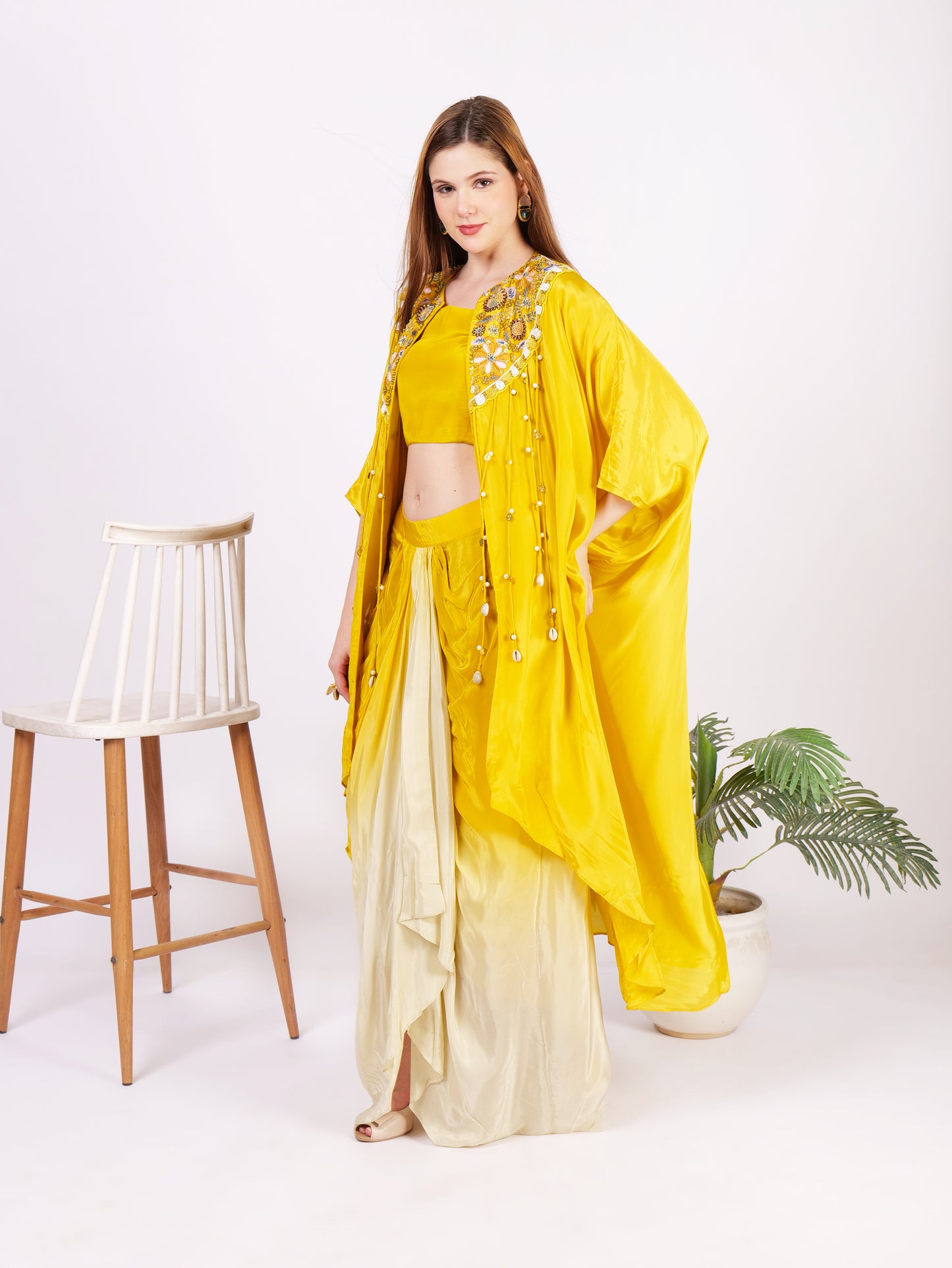Three Piece Cape Dhoti Outfit In Pure Georgette With Intricate Handwork