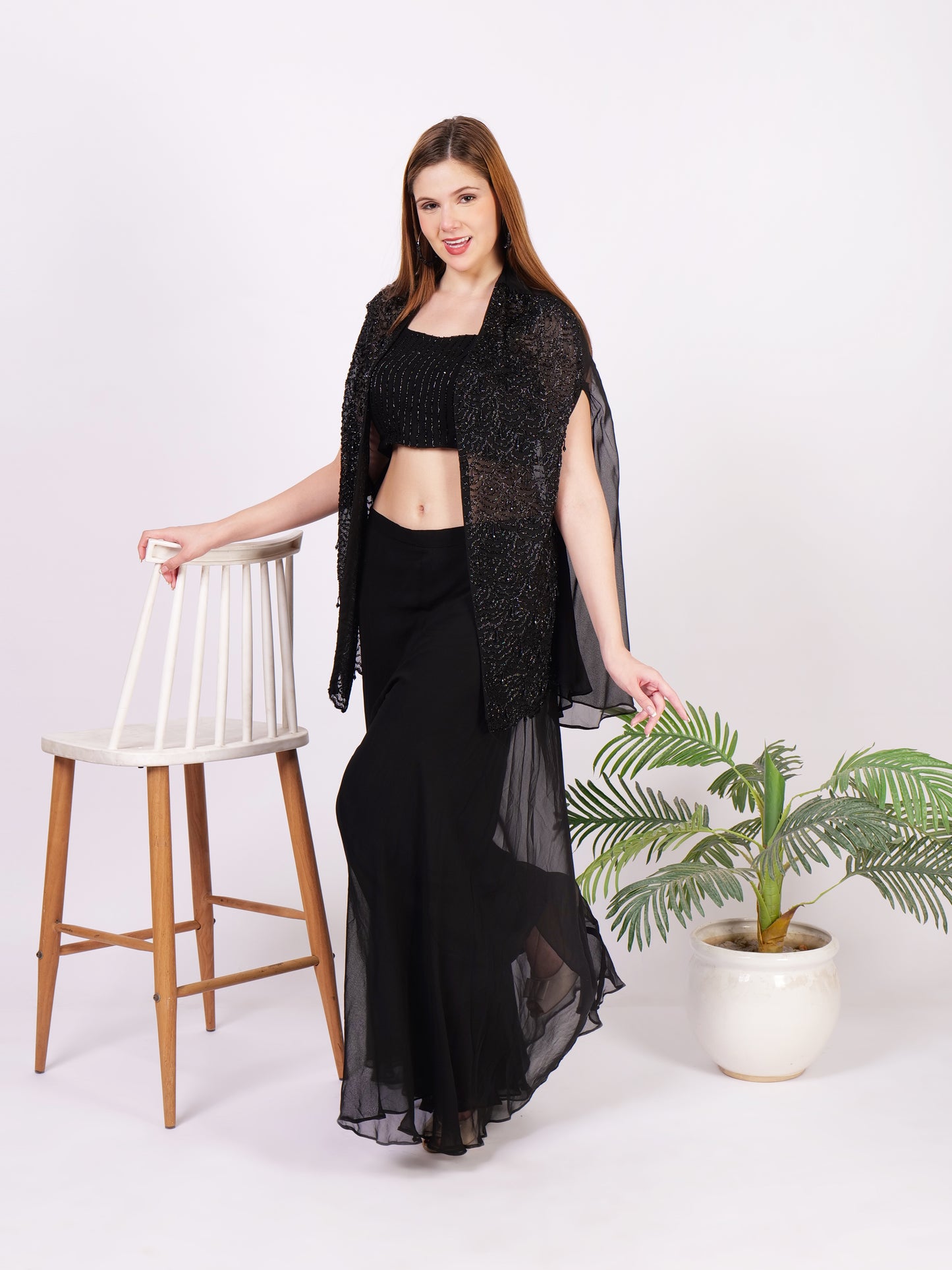 Three Piece Outfit In Pure Georgette With Cape And Handwork