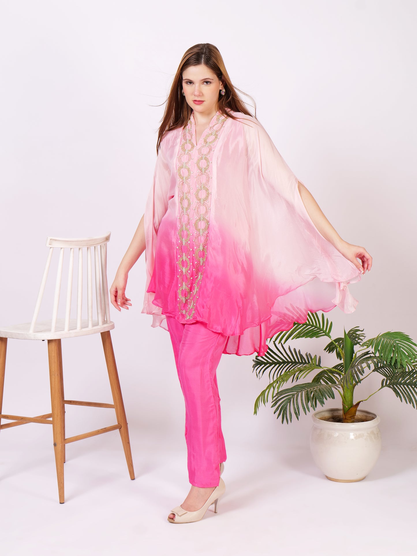 Indowestern Cape Dress In Pure Georgette With Handwork