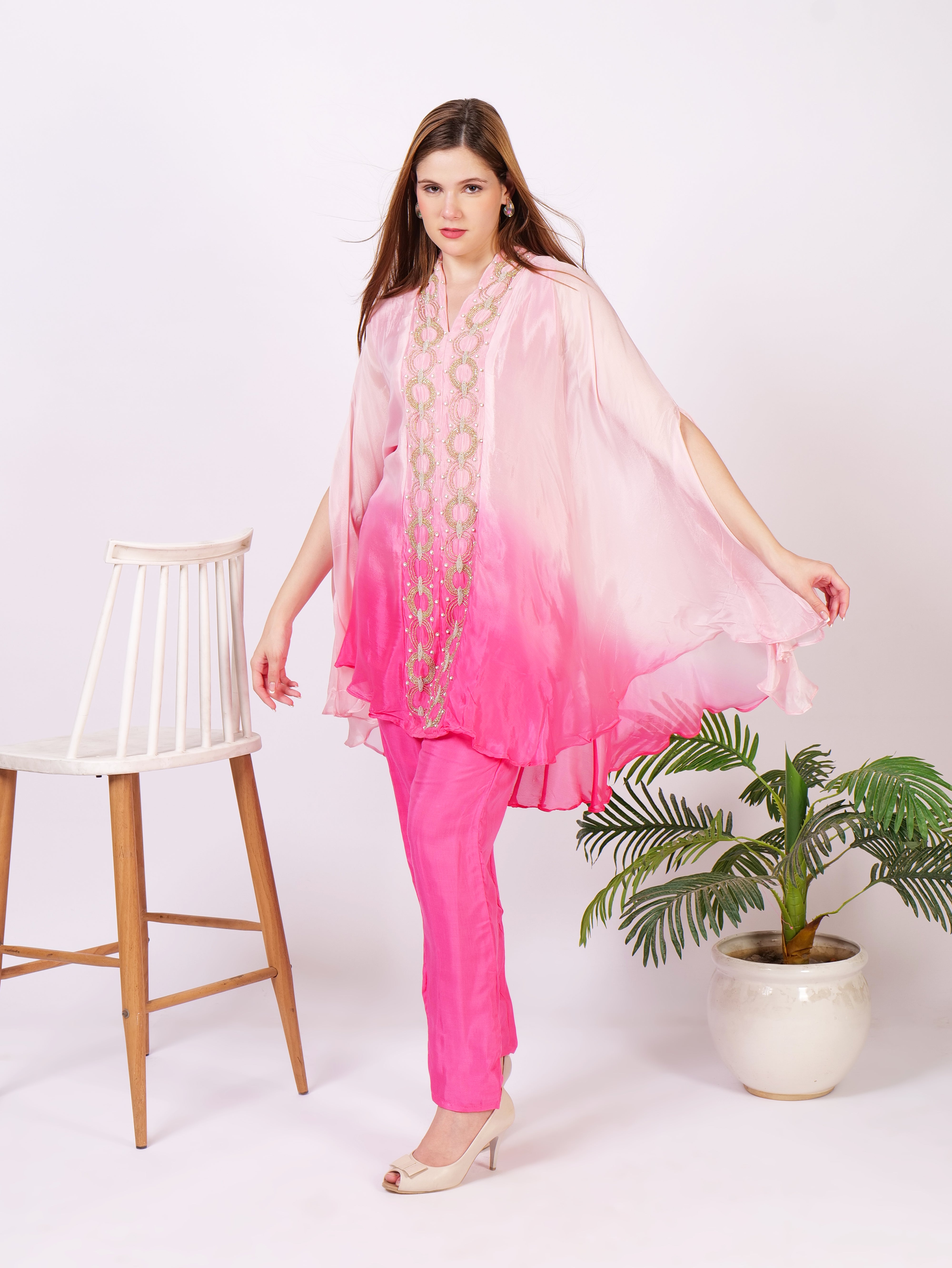 Indowestern Cape Dress In Pure Georgette With Handwork