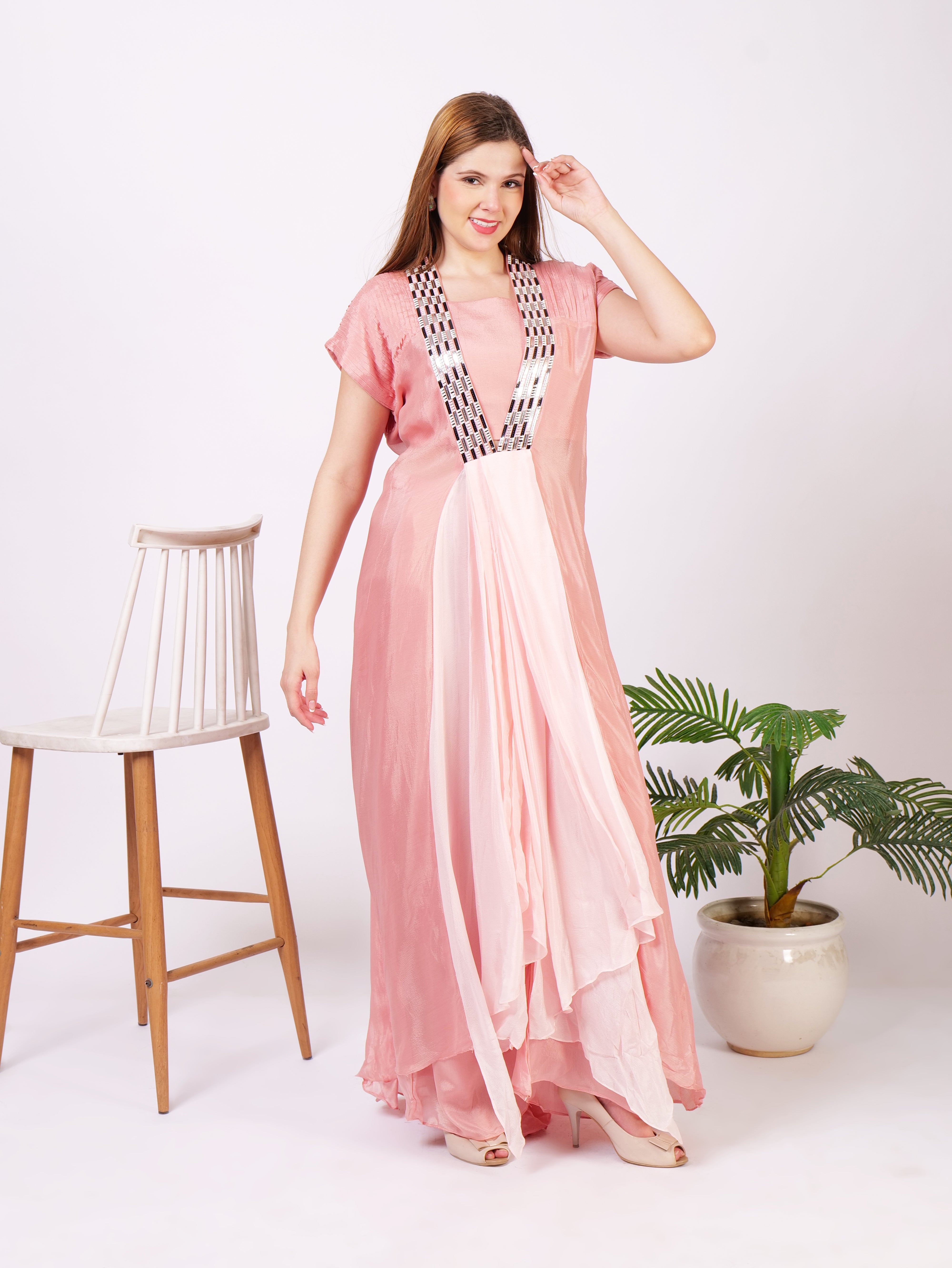 Three Piece Outfit With Bustier Palazzo Pants And Cape Dress In Pure Georgette