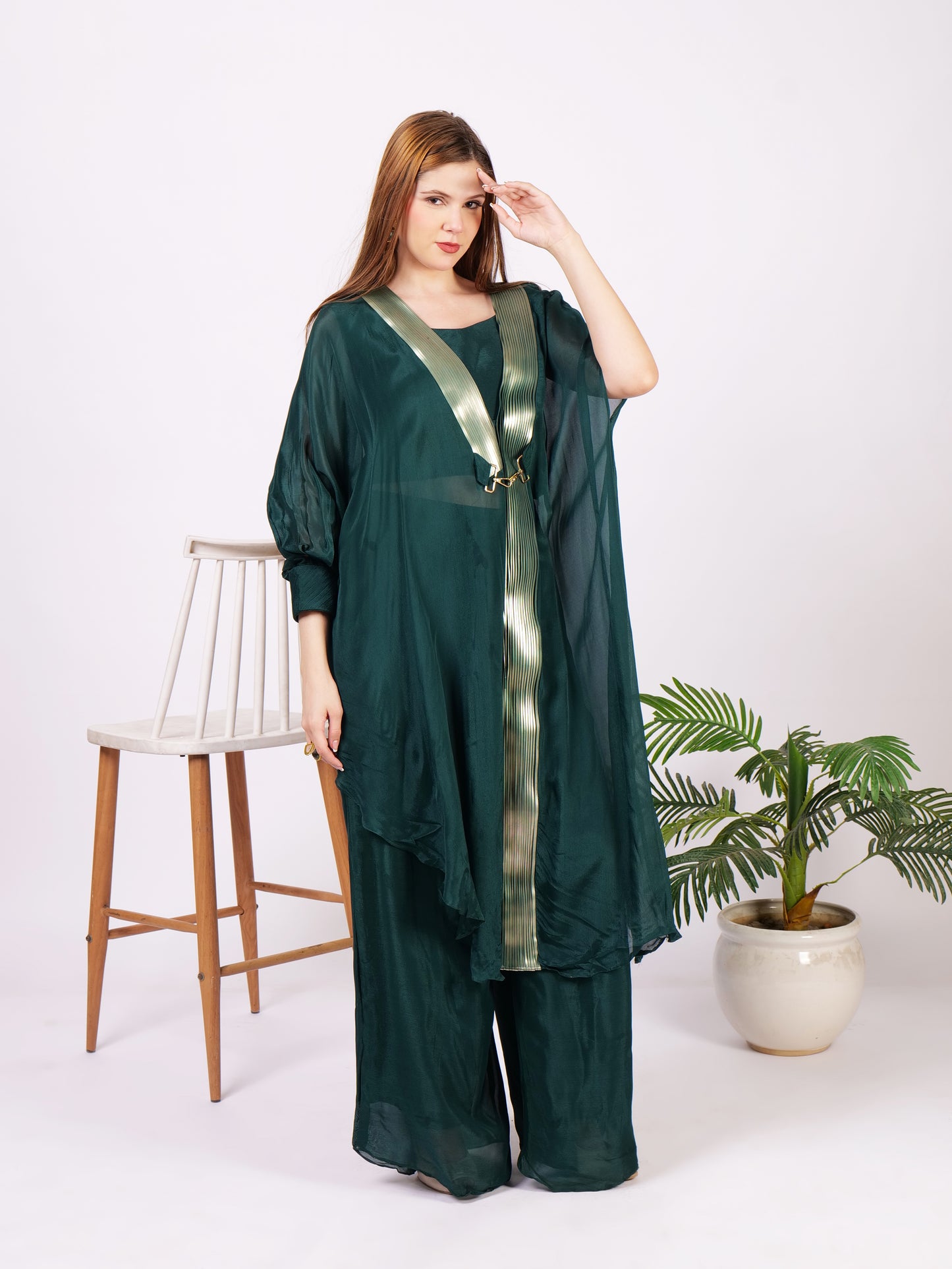 Three Piece Outfit In Pure Georgette With Modern Taping Design