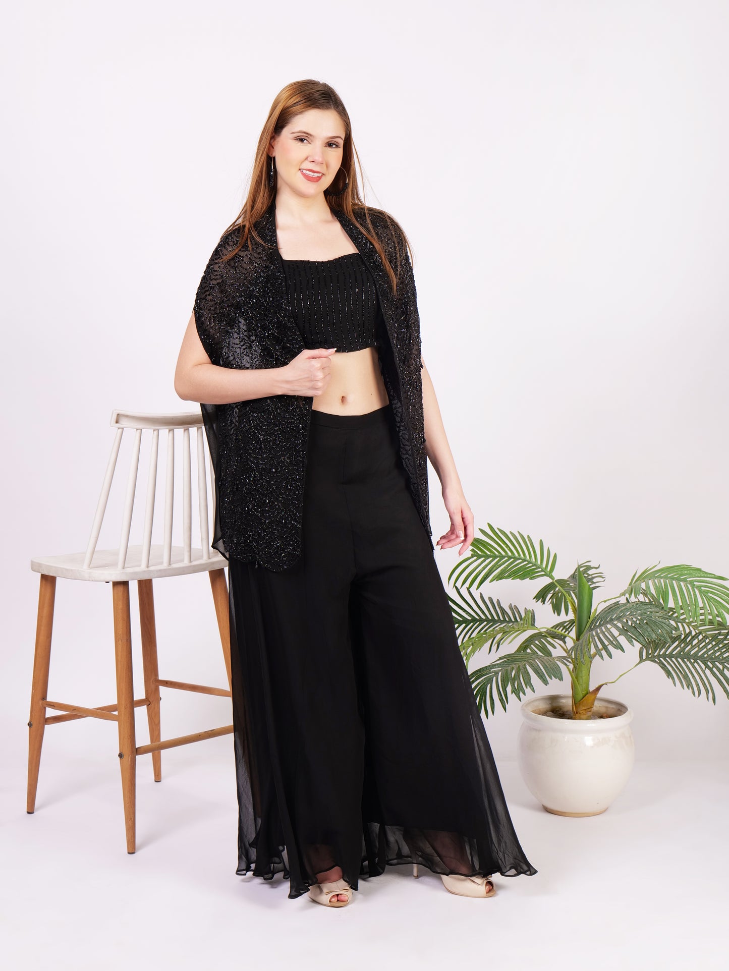 Three Piece Outfit In Pure Georgette With Cape And Handwork
