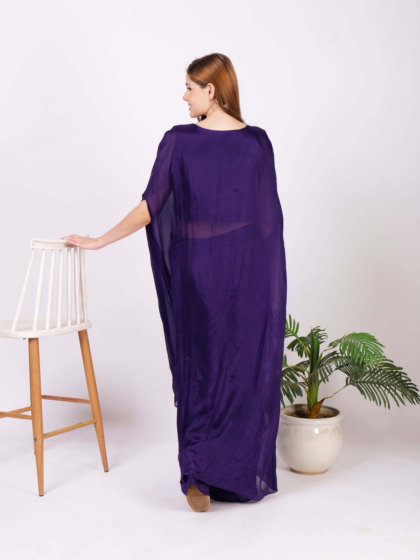 Three Piece Kaftan Dress In Pure Georgette With Handwork