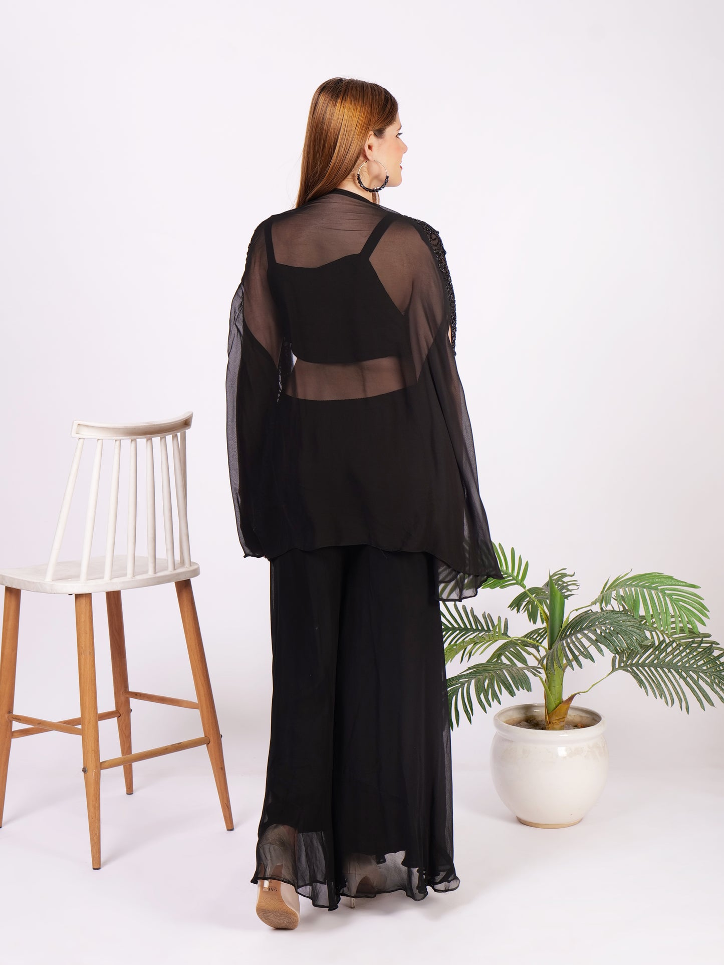 Three Piece Outfit In Pure Georgette With Cape And Handwork