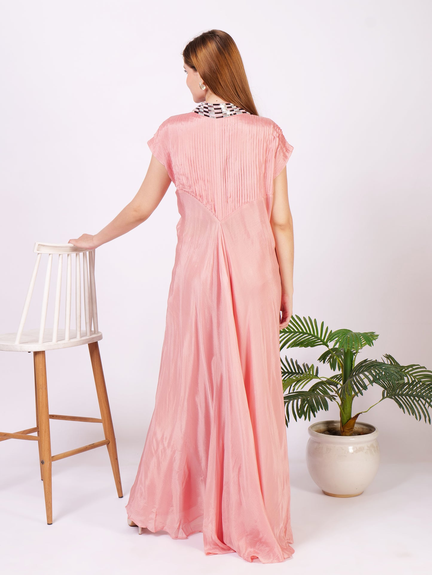 Three Piece Outfit With Bustier Palazzo Pants And Cape Dress In Pure Georgette
