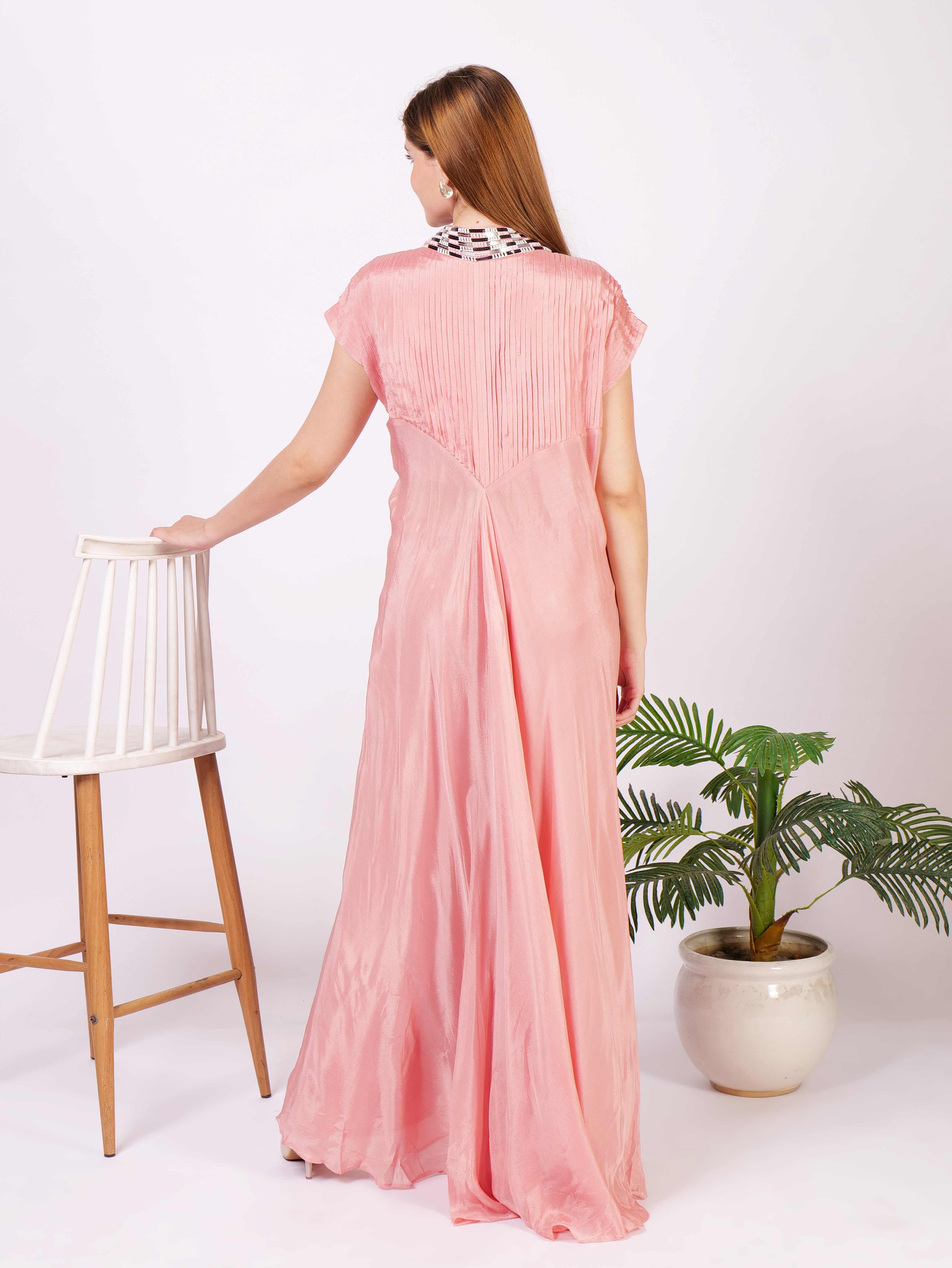 Three Piece Outfit With Bustier Palazzo Pants And Cape Dress In Pure Georgette