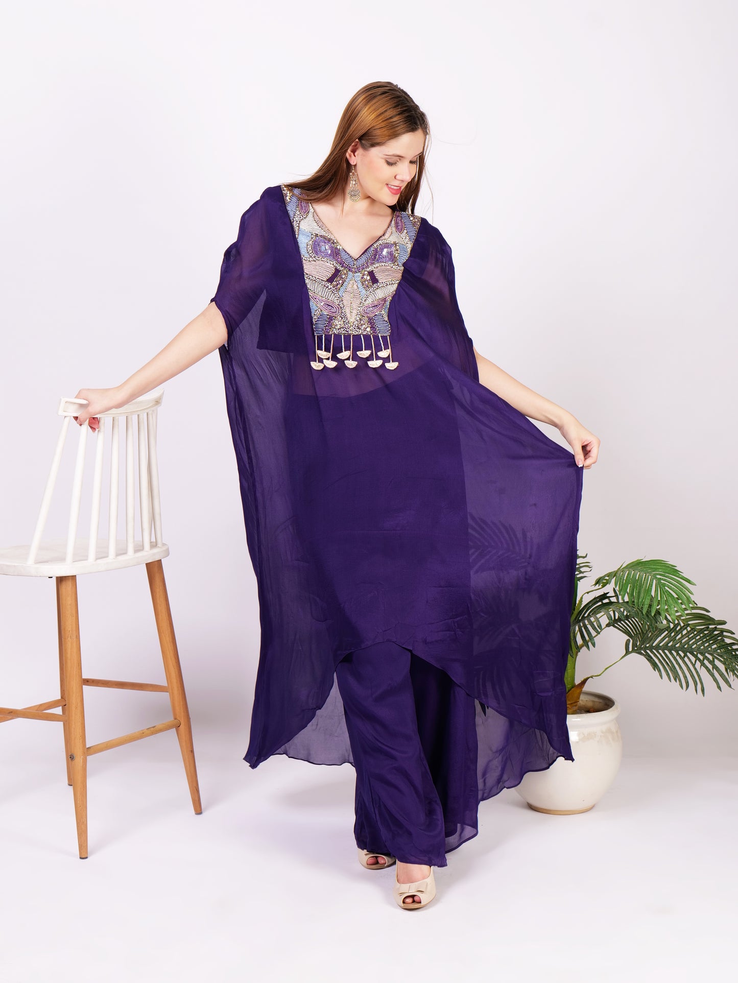 Three Piece Kaftan Dress In Pure Georgette With Handwork