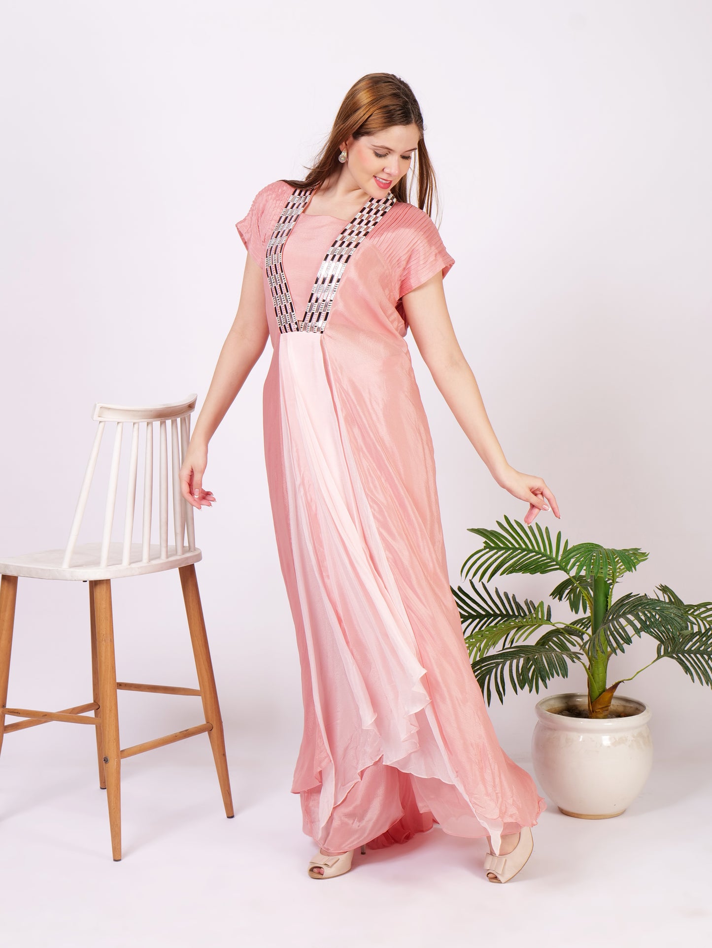 Three Piece Outfit With Bustier Palazzo Pants And Cape Dress In Pure Georgette