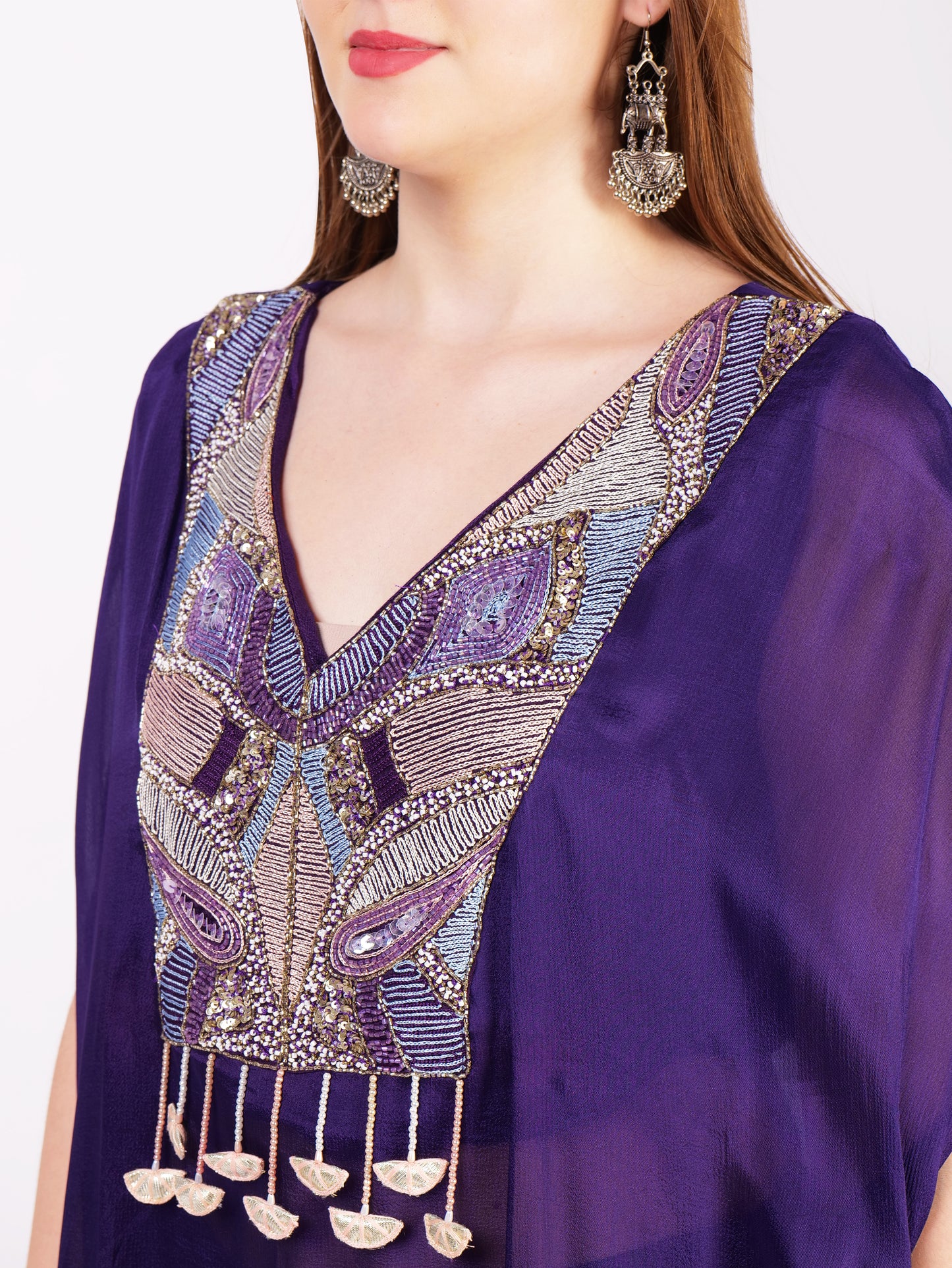 Three Piece Kaftan Dress In Pure Georgette With Handwork