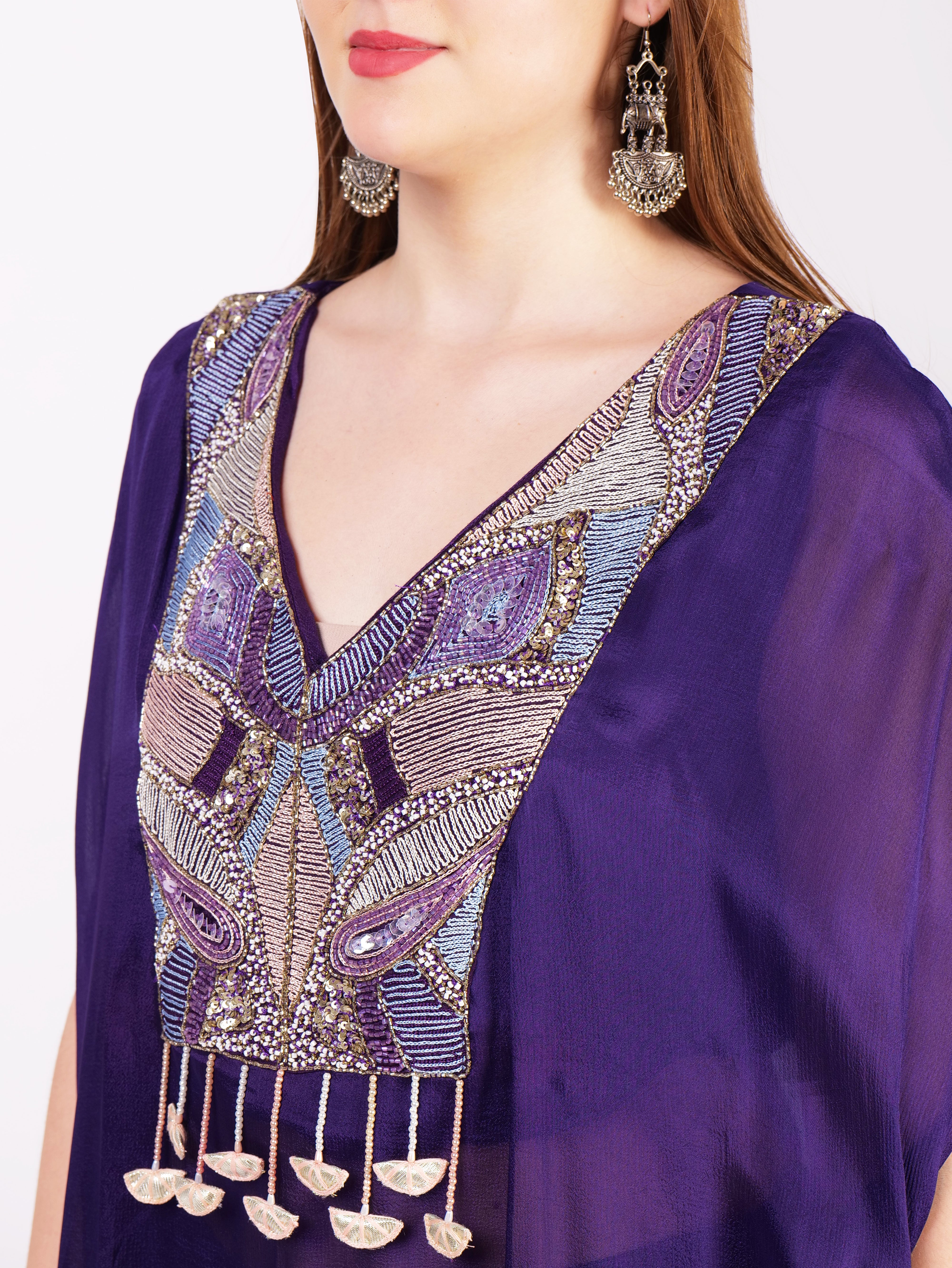 Three Piece Kaftan Dress In Pure Georgette With Handwork