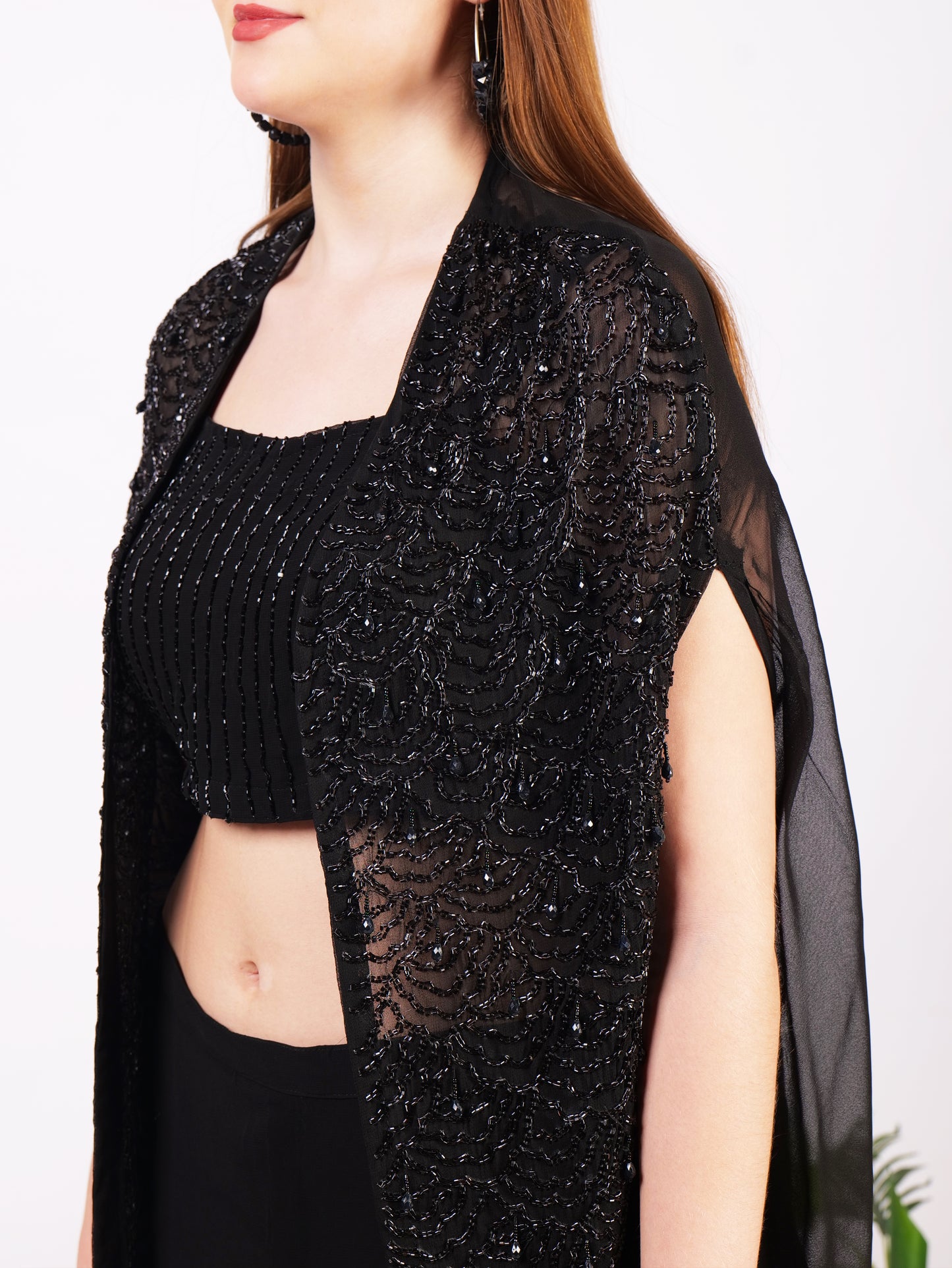 Three Piece Outfit In Pure Georgette With Cape And Handwork