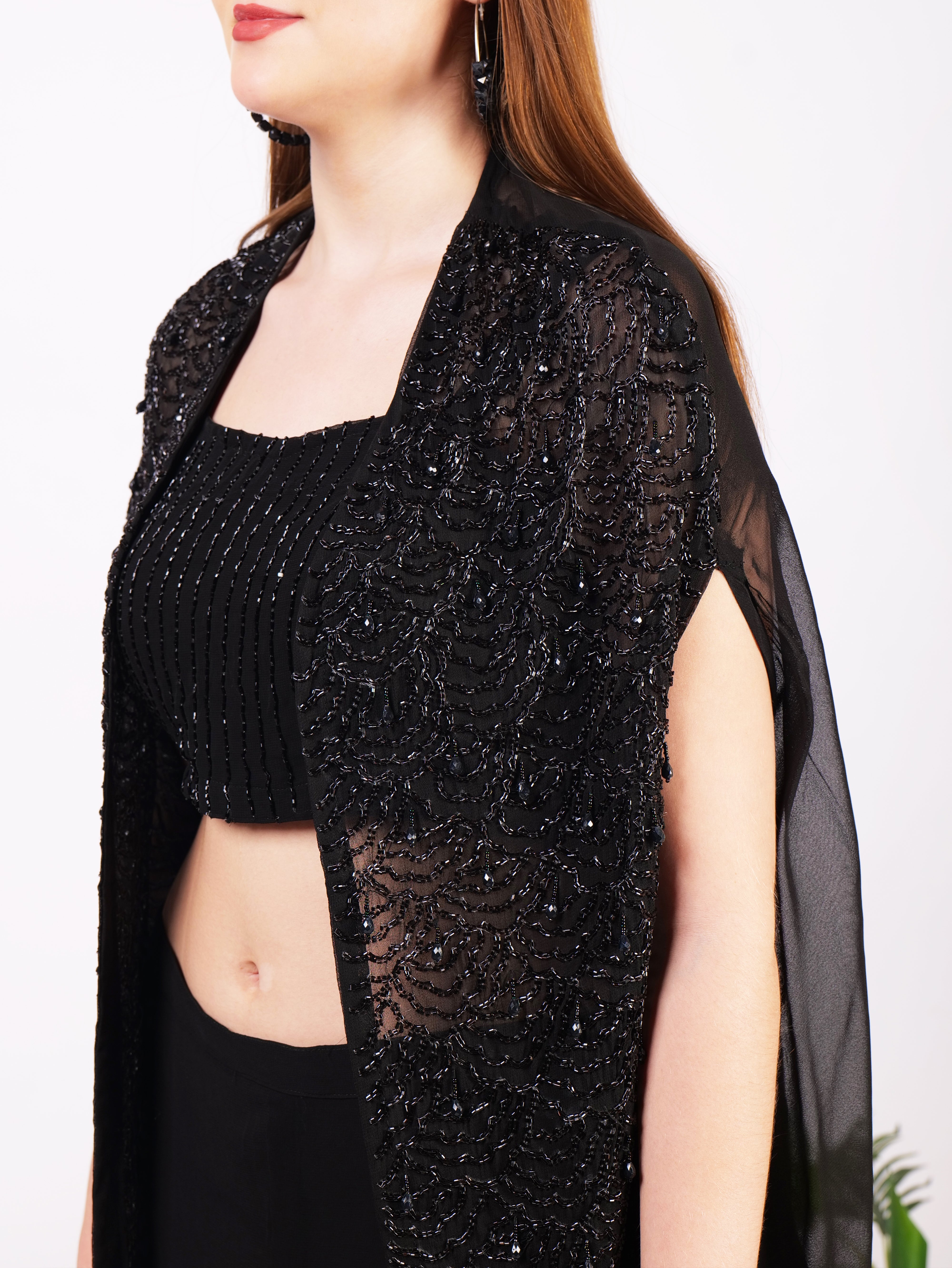 Three Piece Outfit In Pure Georgette With Cape And Handwork