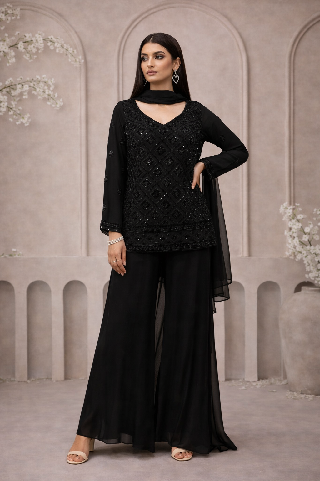 Georgette Cutdana Work with Flared Palazzo Set