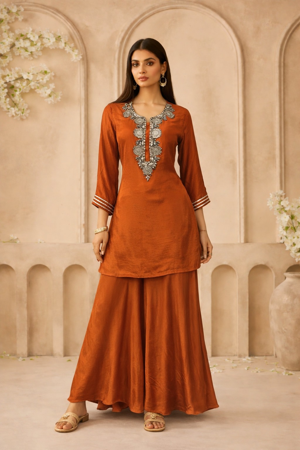 Rust Crepe Co-ord Set with Oxidized Metallic Neckline