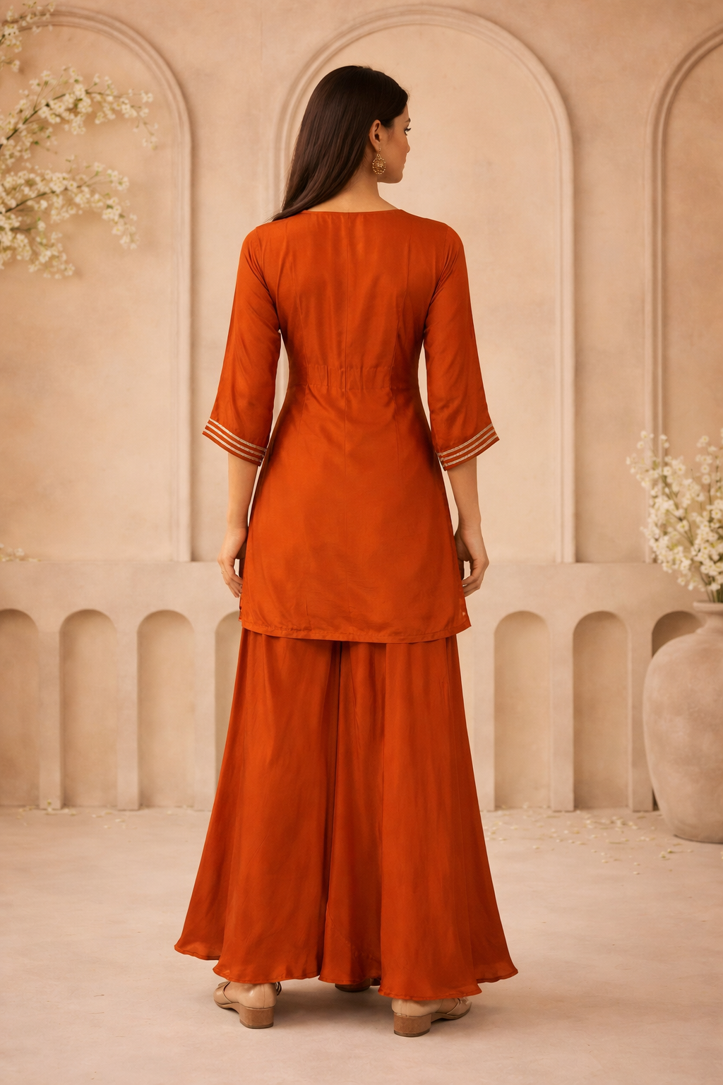 Rust Crepe Co-ord Set with Oxidized Metallic Neckline
