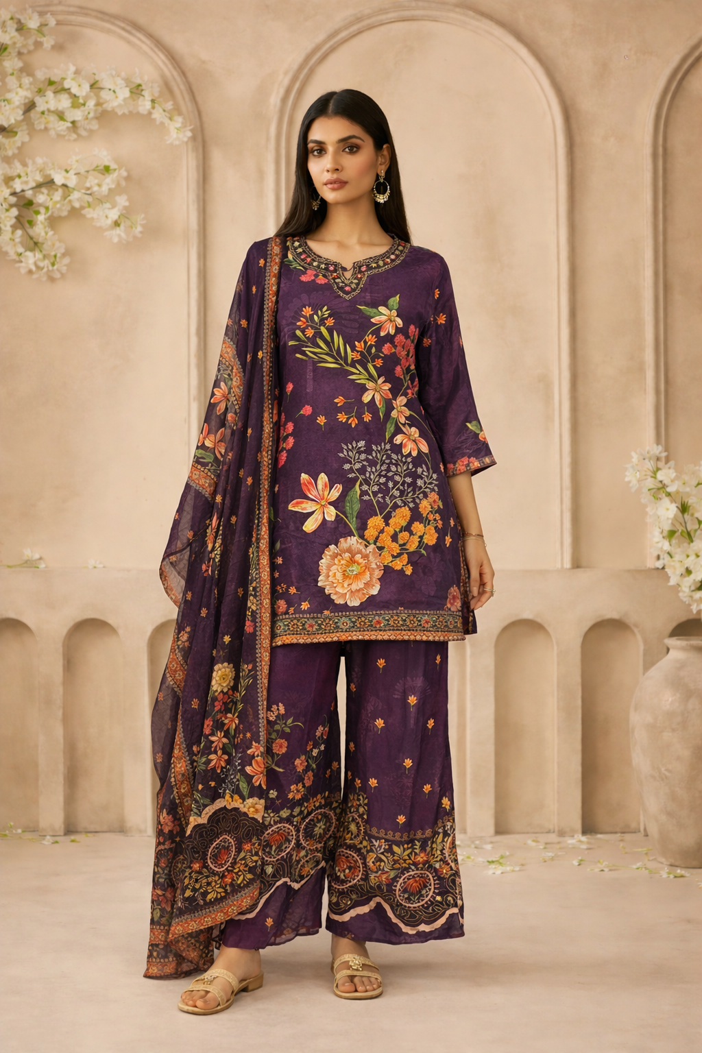 Opulent Midnight Purple Digital Print Crepe Suit Set