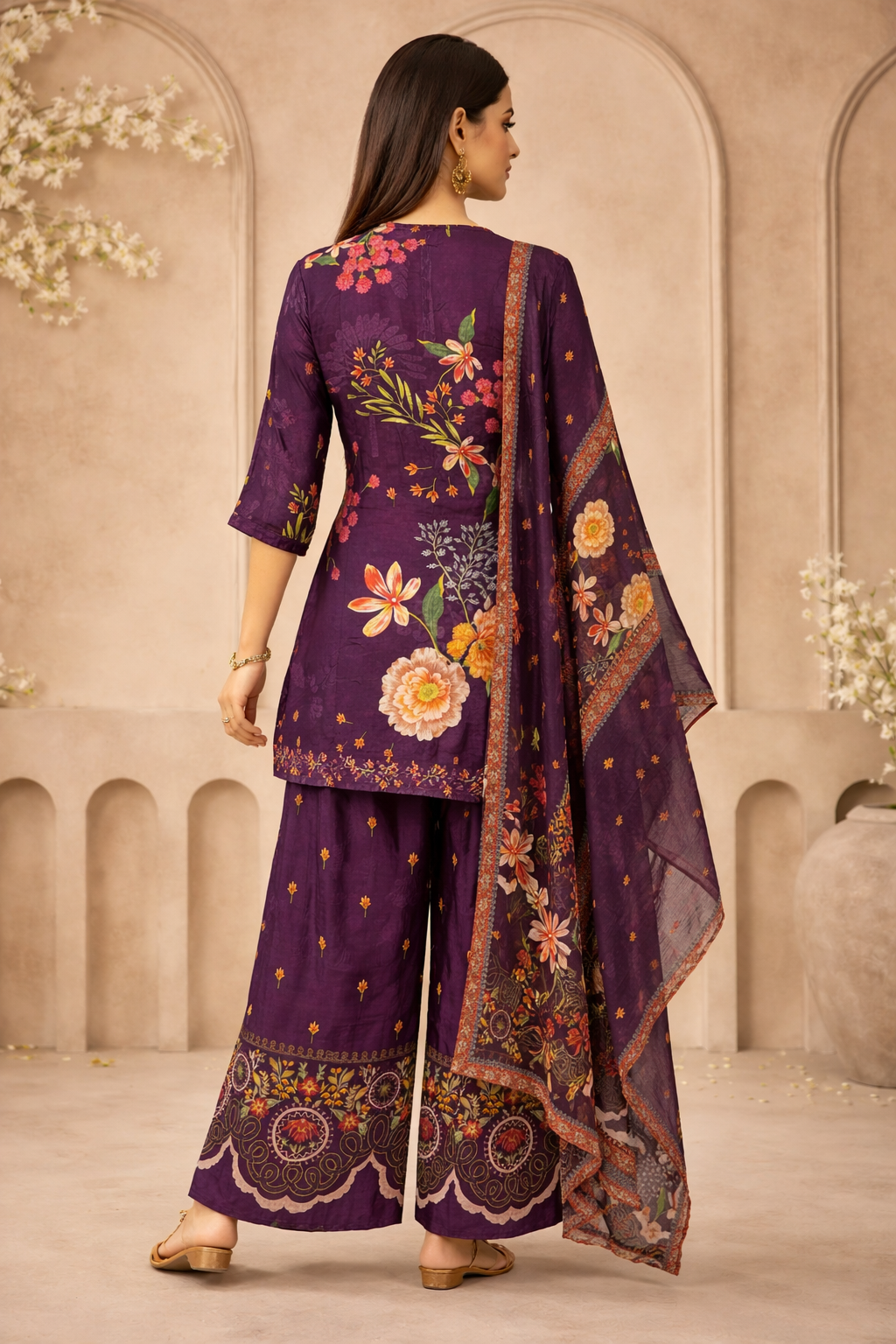 Opulent Midnight Purple Digital Print Crepe Suit Set