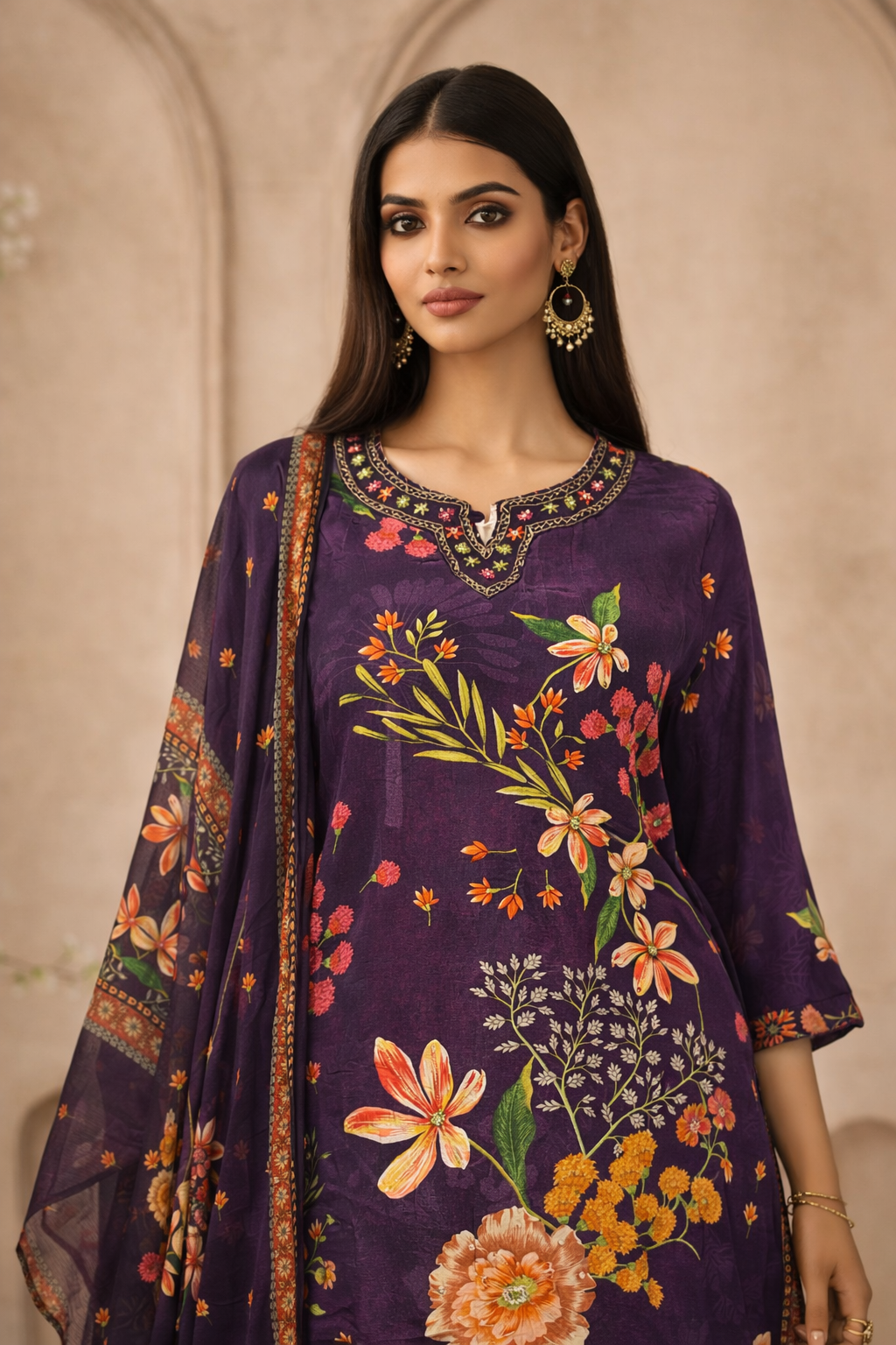 Opulent Midnight Purple Digital Print Crepe Suit Set