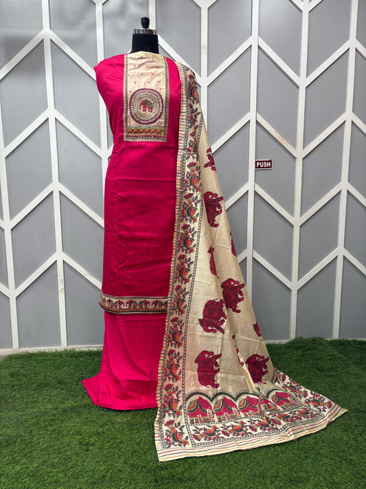 Glaze Cotton Suit With Handwork On Yolk And Kalamkari